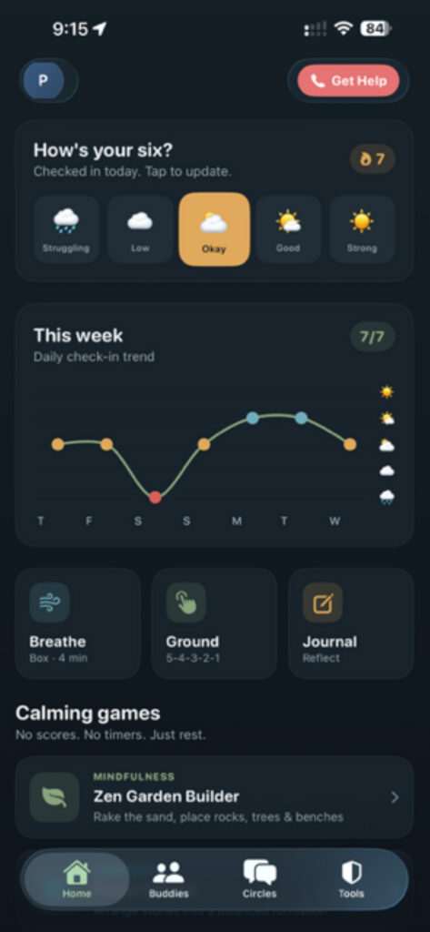 Home screen allows you to track your wellness.  It provide a space for reflection in your journal with breathing and grounding exercises to reduce your PTSD anxiety.