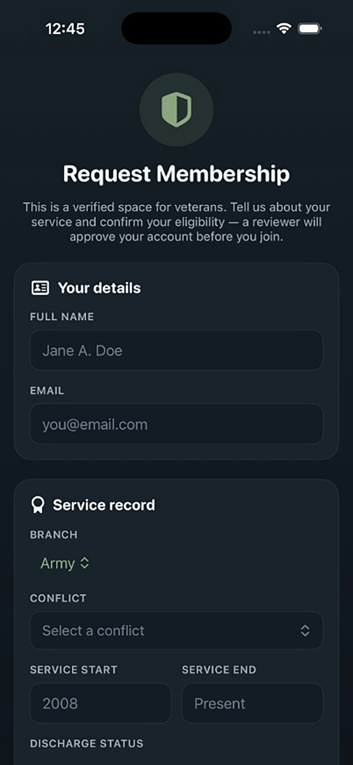 You must complete your veteran membership before accessing the app.  